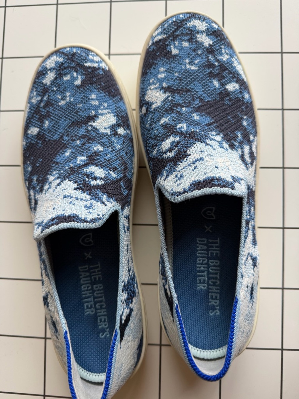 Rothy's Rare Butcher’s Daughter Slip-On Sneaker in Bright Blue and White Shibori